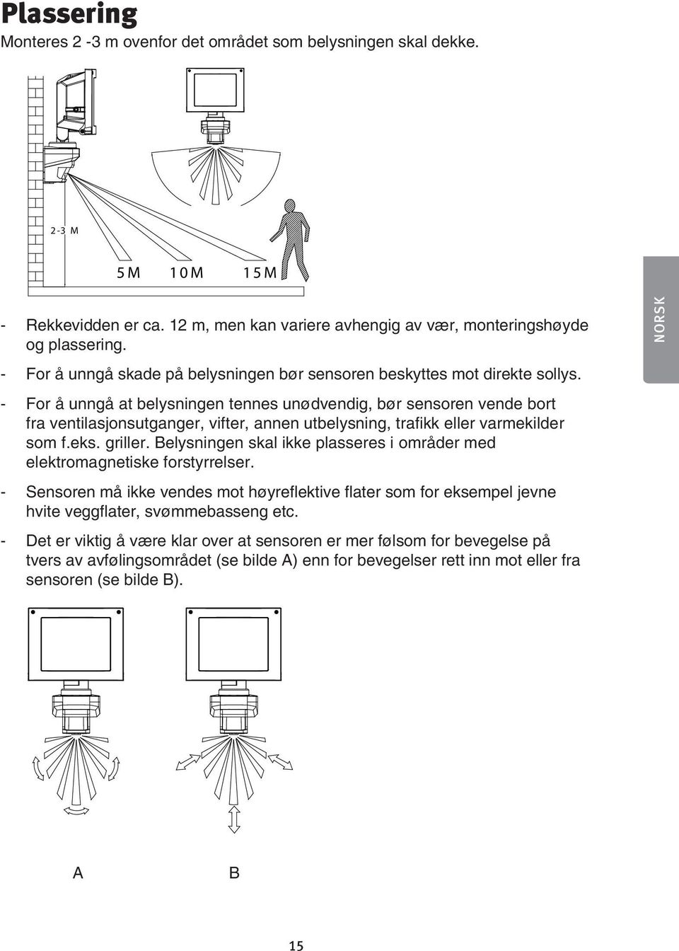 - For å unngå at belysningen tennes unødvendig, bør sensoren vende bort fra ventilasjonsutganger, vifter, annen utbelysning, trafikk eller varmekilder som f.eks. griller.