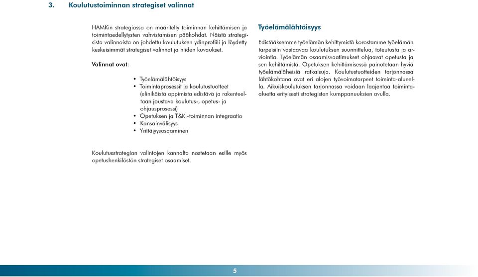 Valinnat ovat: Työelämälähtöisyys Toimintaprosessit ja koulutustuotteet (elinikäistä oppimista edistävä ja rakenteeltaan joustava koulutus-, opetus- ja ohjausprosessi) Opetuksen ja t&k -toiminnan