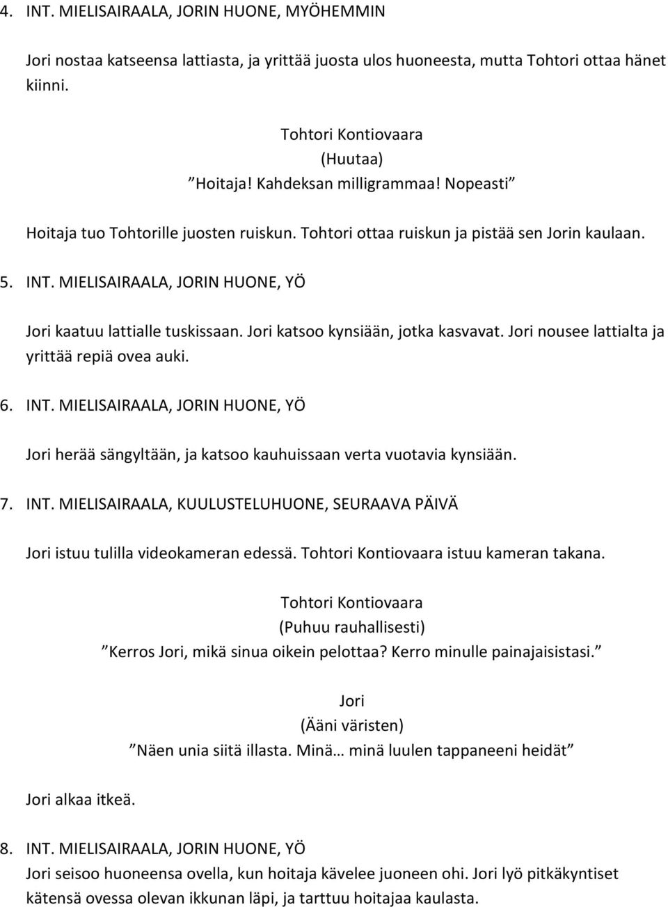 Jori katsoo kynsiään, jotka kasvavat. Jori nousee lattialta ja yrittää repiä ovea auki. 6. INT. MIELISAIRAALA, JORIN HUONE, YÖ Jori herää sängyltään, ja katsoo kauhuissaan verta vuotavia kynsiään. 7.