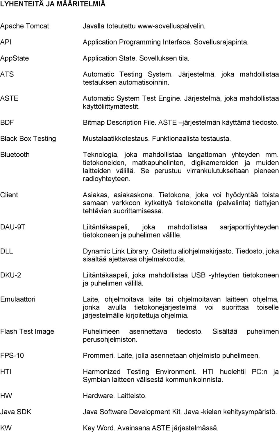 Järjestelmä, joka mahdollistaa käyttöliittymätestit. Bitmap Description File. ASTE järjestelmän käyttämä tiedosto. Mustalaatikkotestaus. Funktionaalista testausta.