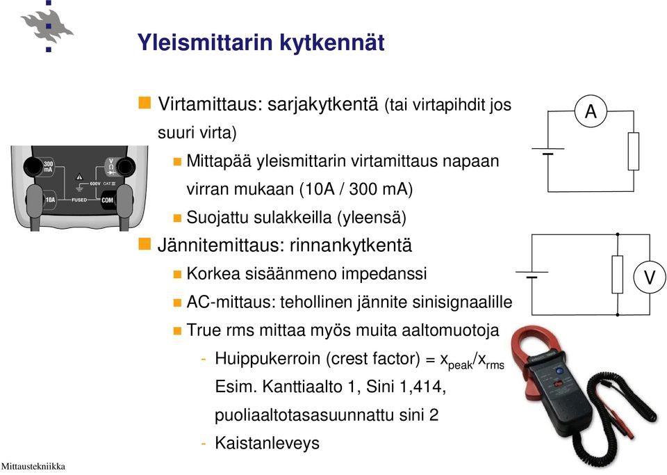 sisäänmeno impedanssi AC-mittaus: tehollinen jännite sinisignaalille True rms mittaa myös muita aaltomuotoja A V -