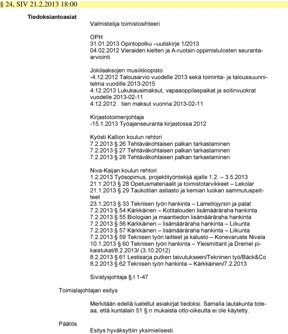 12.2012 tien maksut vuonna 2013-02-11 Kirjastotoimenjohtaja -15.1.2013 Työajanseuranta kirjastossa 2012 Kyösti Kallion koulun rehtori 7.2.2013 26 Tehtäväkohtaisen palkan tarkastaminen 7.2.2013 27 Tehtäväkohtaisen palkan tarkastaminen 7.