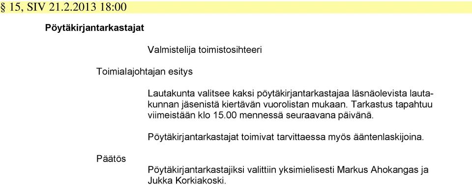 pöytäkirjantarkastajaa läsnäolevista lautakunnan jäsenistä kiertävän vuorolistan mukaan.