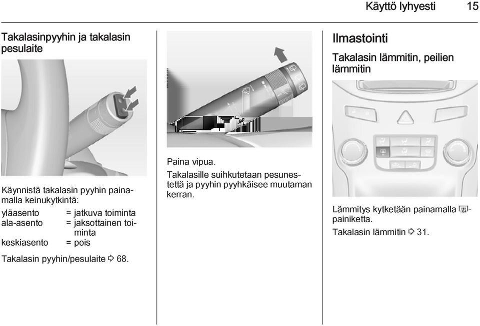 toiminta keskiasento = pois Takalasin pyyhin/pesulaite 3 68. Paina vipua.