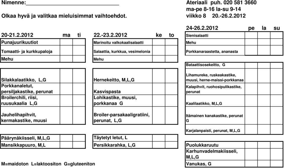 Porkkanaraastetta, ananasta Bataattisosekeitto, G Silakkalaatikko, L,G Porkkanaletut, persiljakastike, Broilerchili, riisi, ruusukaalia L,G Jauhelihapihvit, kermakastike, muusi Hernekeitto,