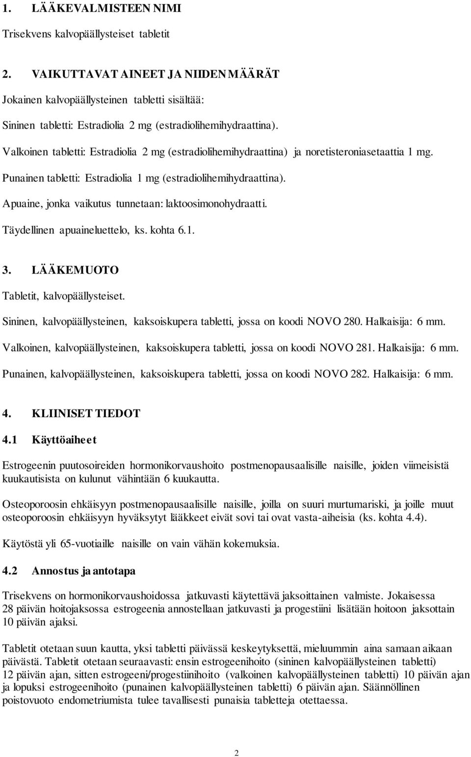 Valkoinen tabletti: Estradiolia 2 mg (estradiolihemihydraattina) ja noretisteroniasetaattia 1 mg. Punainen tabletti: Estradiolia 1 mg (estradiolihemihydraattina).