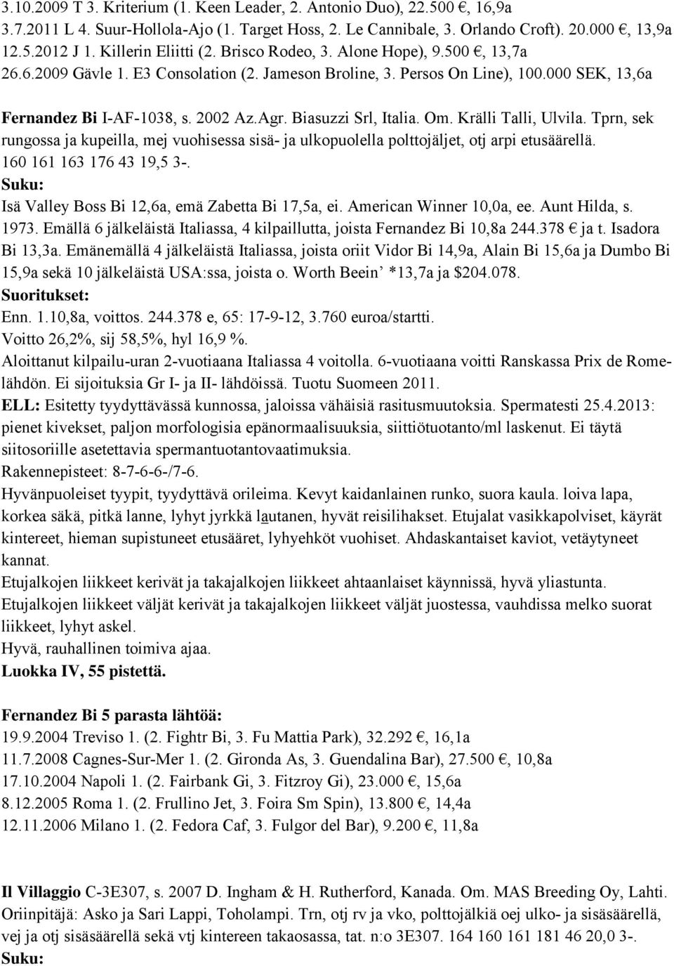 Biasuzzi Srl, Italia. Om. Krälli Talli, Ulvila. Tprn, sek rungossa ja kupeilla, mej vuohisessa sisä- ja ulkopuolella polttojäljet, otj arpi etusäärellä. 160 161 163 176 43 19,5 3-.