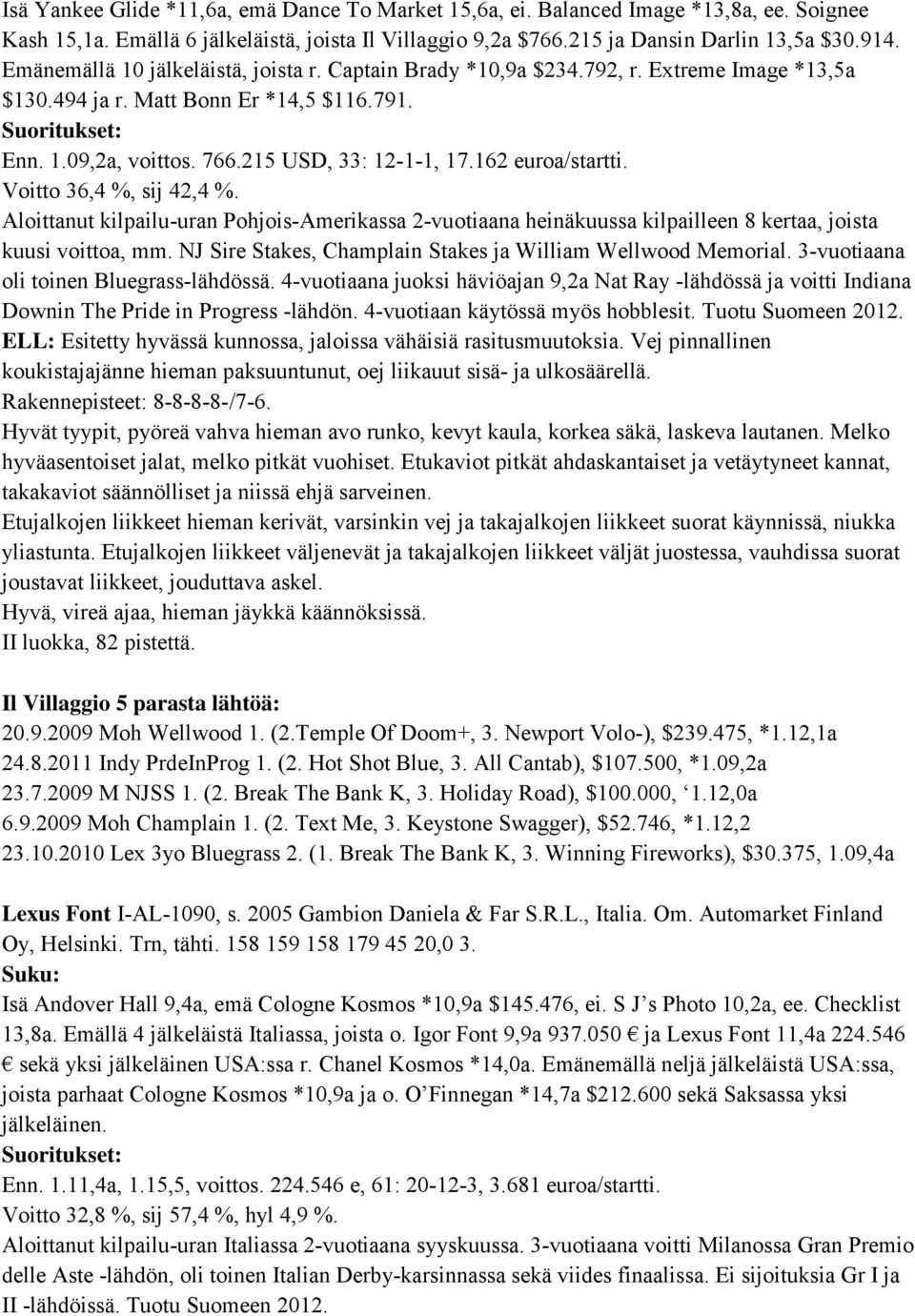 162 euroa/startti. Voitto 36,4 %, sij 42,4 %. Aloittanut kilpailu-uran Pohjois-Amerikassa 2-vuotiaana heinäkuussa kilpailleen 8 kertaa, joista kuusi voittoa, mm.