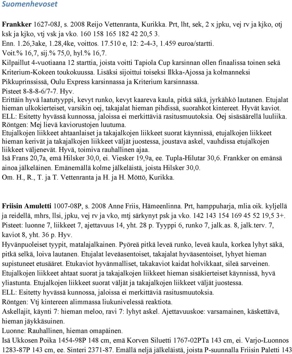 sij.% 75,0, hyl.% 16,7. Kilpaillut 4-vuotiaana 12 starttia, joista voitti Tapiola Cup karsinnan ollen finaalissa toinen sekä Kriterium-Kokeen toukokuussa.