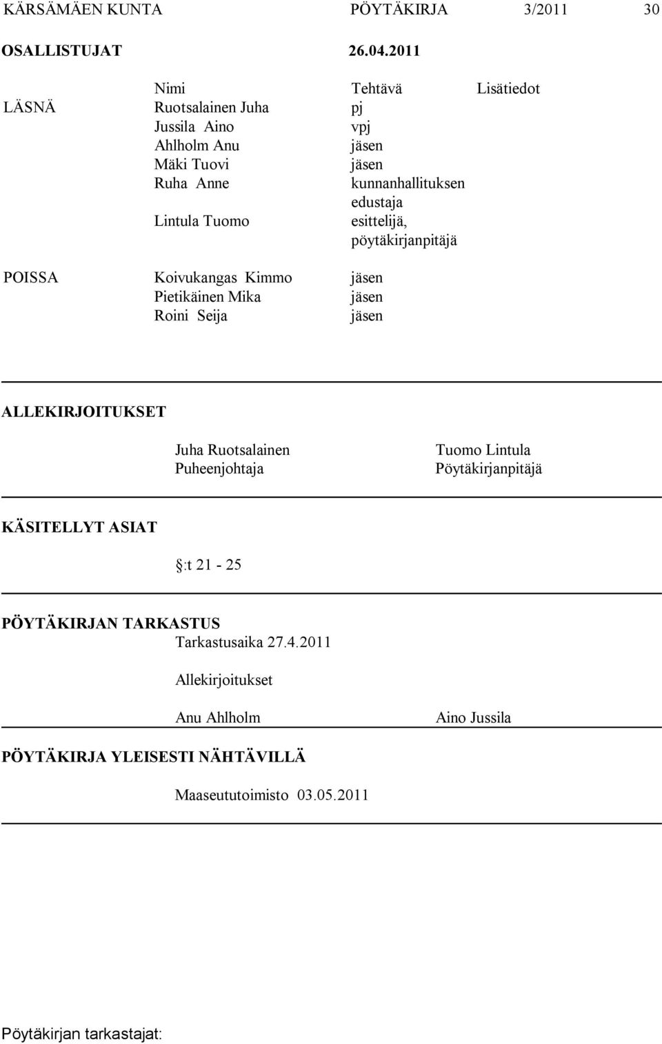 edustaja Lintula Tuomo esittelijä, pöytäkirjanpitäjä POISSA Koivukangas Kimmo jäsen Pietikäinen Mika jäsen Roini Seija jäsen ALLEKIRJOITUKSET