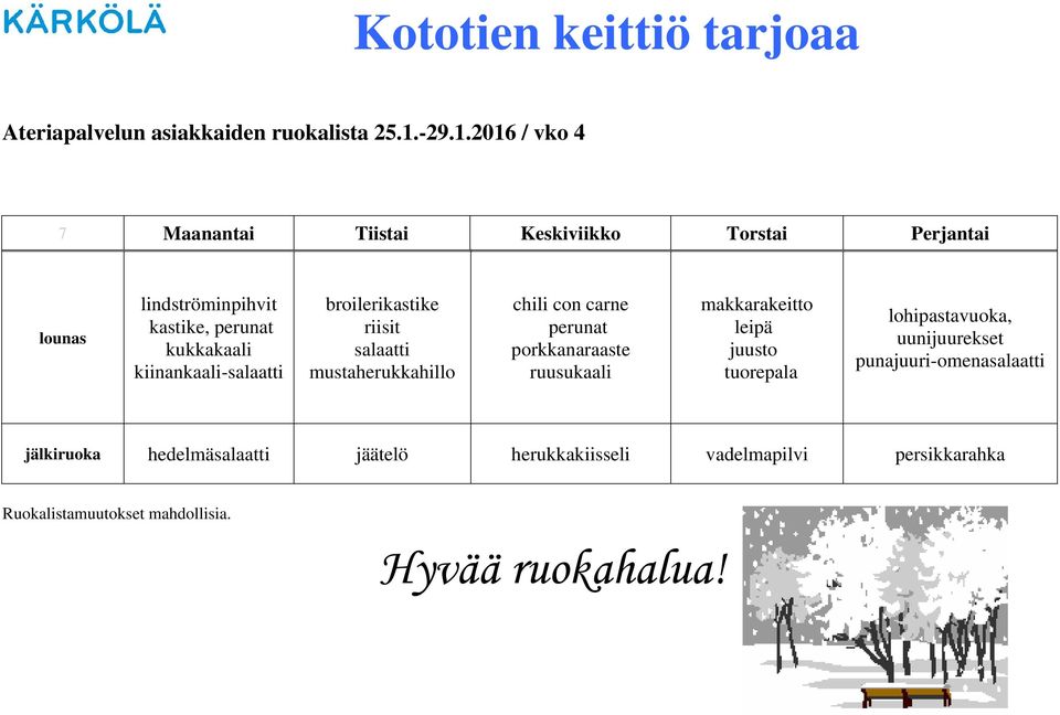 2016 / vko 4 7 Maanantai Tiistai Keskiviikko Torstai Perjantai kastike,