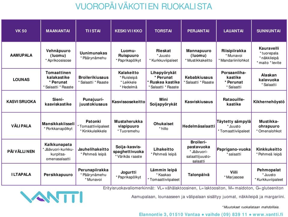 Punajuurijuustokiusaus Rataouillekastike Kikhernehöystö Mansikkakiisseli *Porkkanapölkyt Patonki Mustaherukka vispipuuro *Tuoremehu Ohukaiset *hillo Hedelmäsalaatti Täytetty sämpylä Mustikkaohrapuuro