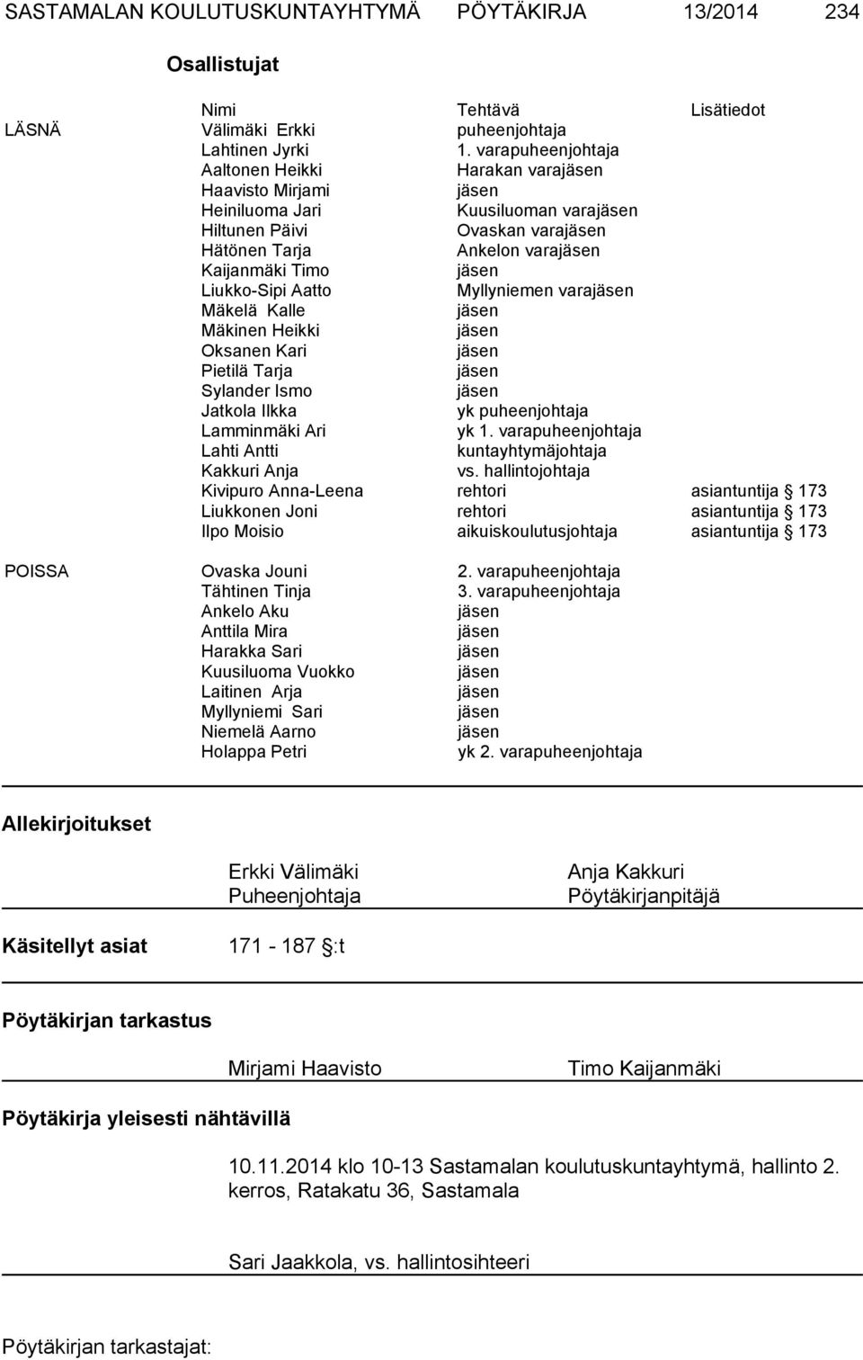 vara Mäkelä Kalle Mäkinen Heikki Oksanen Kari Pietilä Tarja Sylander Ismo Jatkola Ilkka yk puheenjohtaja Lamminmäki Ari yk 1. varapuheenjohtaja Lahti Antti kuntayhtymäjohtaja Kakkuri Anja vs.