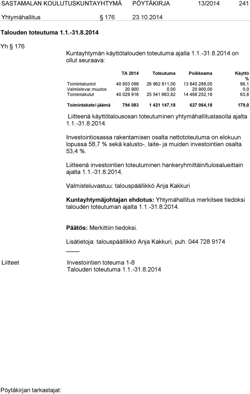 muutos 20 900 0,00 20 900,00 0,0 Toimintakulut 40 029 916 25 541 663,82 14 488 252,18 63,8 Toimintakate/-jäämä 794 083 1 421 147,18 627 064,18 179,0 Liitteenä käyttötalousosan toteutuminen