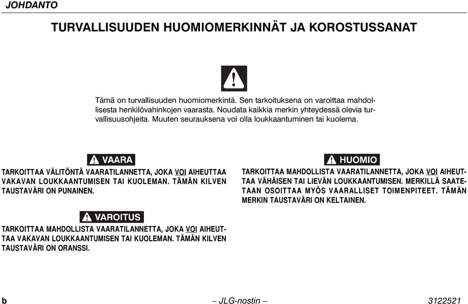 TARKOITTAA VÄLITÖNTÄ VAARATILANNETTA, JOKA VOI AIHEUTTAA VAKAVAN LOUKKAANTUMISEN TAI KUOLEMAN. TÄMÄN KILVEN TAUSTAVÄRI ON PUNAINEN.