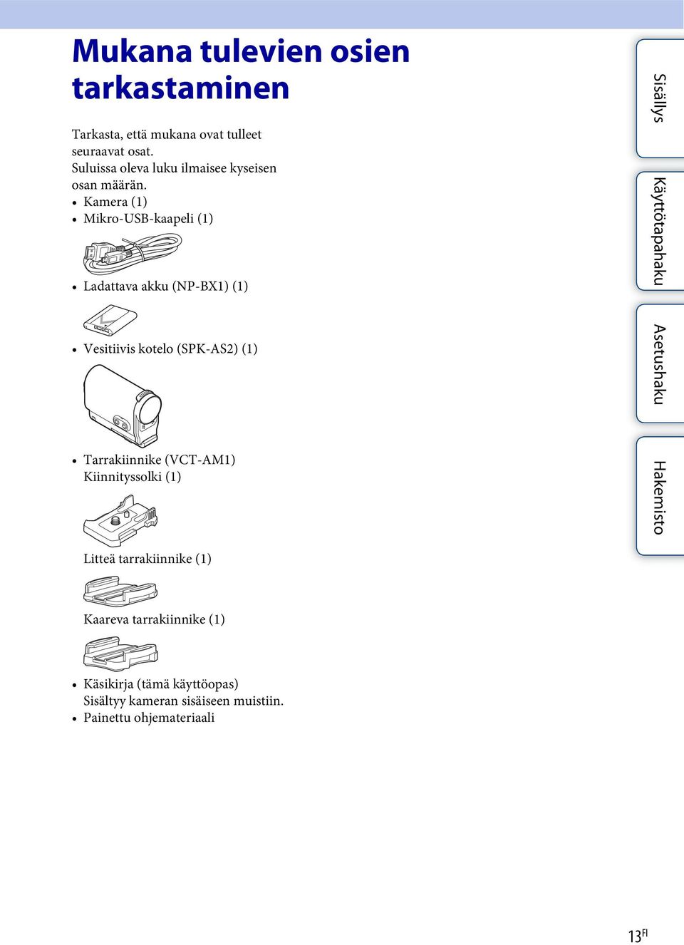 Kamera (1) Mikro-USB-kaapeli (1) Ladattava akku (NP-BX1) (1) Vesitiivis kotelo (SPK-AS2) (1)