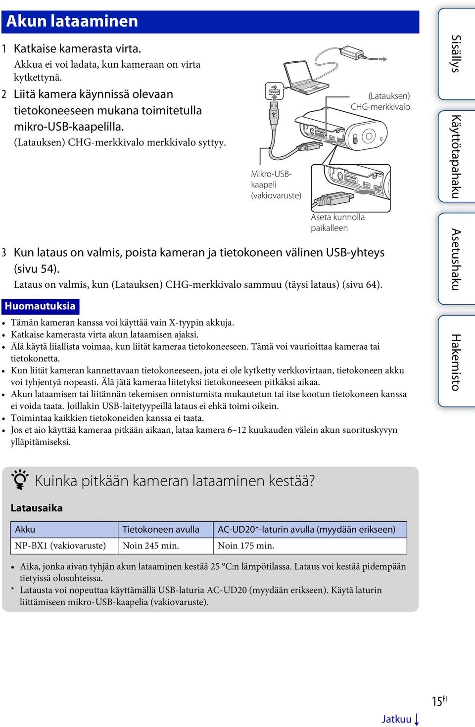 Mikro-USBkaapeli (vakiovaruste) Aseta kunnolla paikalleen (Latauksen) CHG-merkkivalo 3 Kun lataus on valmis, poista kameran ja tietokoneen välinen USB-yhteys (sivu 54).