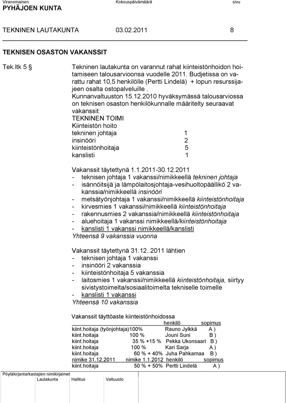 2010 hyväksymässä talousarviossa on teknisen osaston henkilökunnalle määritelty seuraavat vakanssit: TEKNINEN TOIMI Kiinteistön hoito tekninen johtaja 1 insinööri 2 kiinteistönhoitaja 5 kanslisti 1