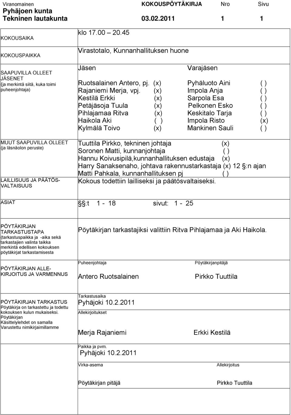 45 Virastotalo, Kunnanhallituksen huone Jäsen Varajäsen Ruotsalainen Antero, pj. (x) Pyhäluoto Aini ( ) Rajaniemi Merja, vpj.