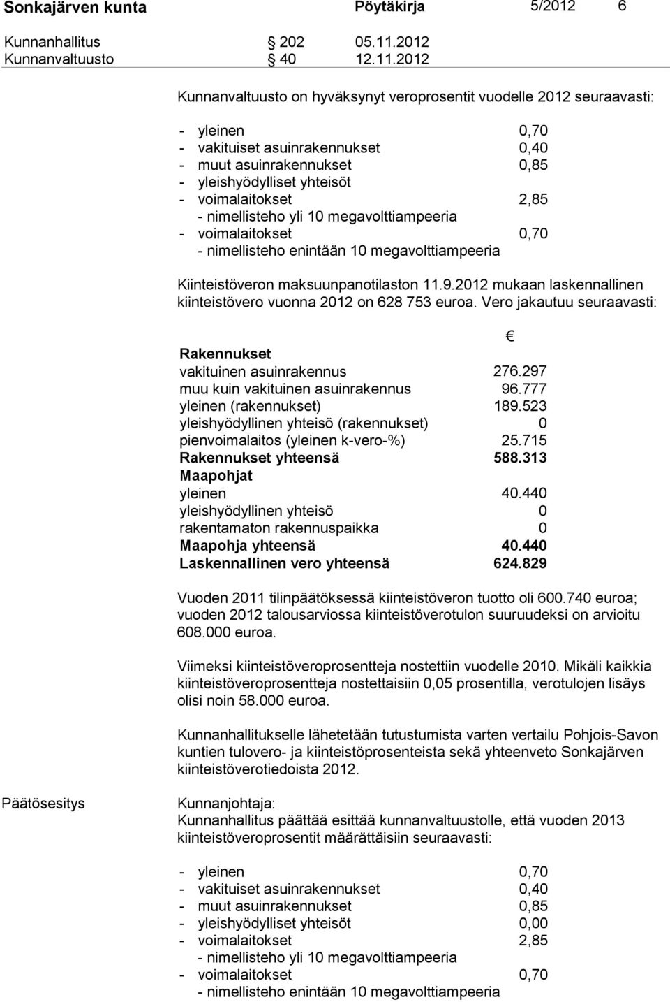 2012 Kunnanvaltuusto on hyväksynyt veroprosentit vuodelle 2012 seuraavasti: - yleinen 0,70 - vakituiset asuinrakennukset 0,40 - muut asuinrakennukset 0,85 - yleishyödylliset yhteisöt - voimalaitokset