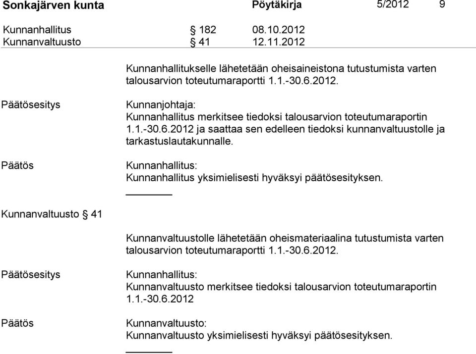 1.-30.6.2012 ja saattaa sen edelleen tiedoksi kunnanvaltuustolle ja tarkastuslautakunnalle. Kunnanhallitus yksimielisesti hyväksyi päätösesityksen.