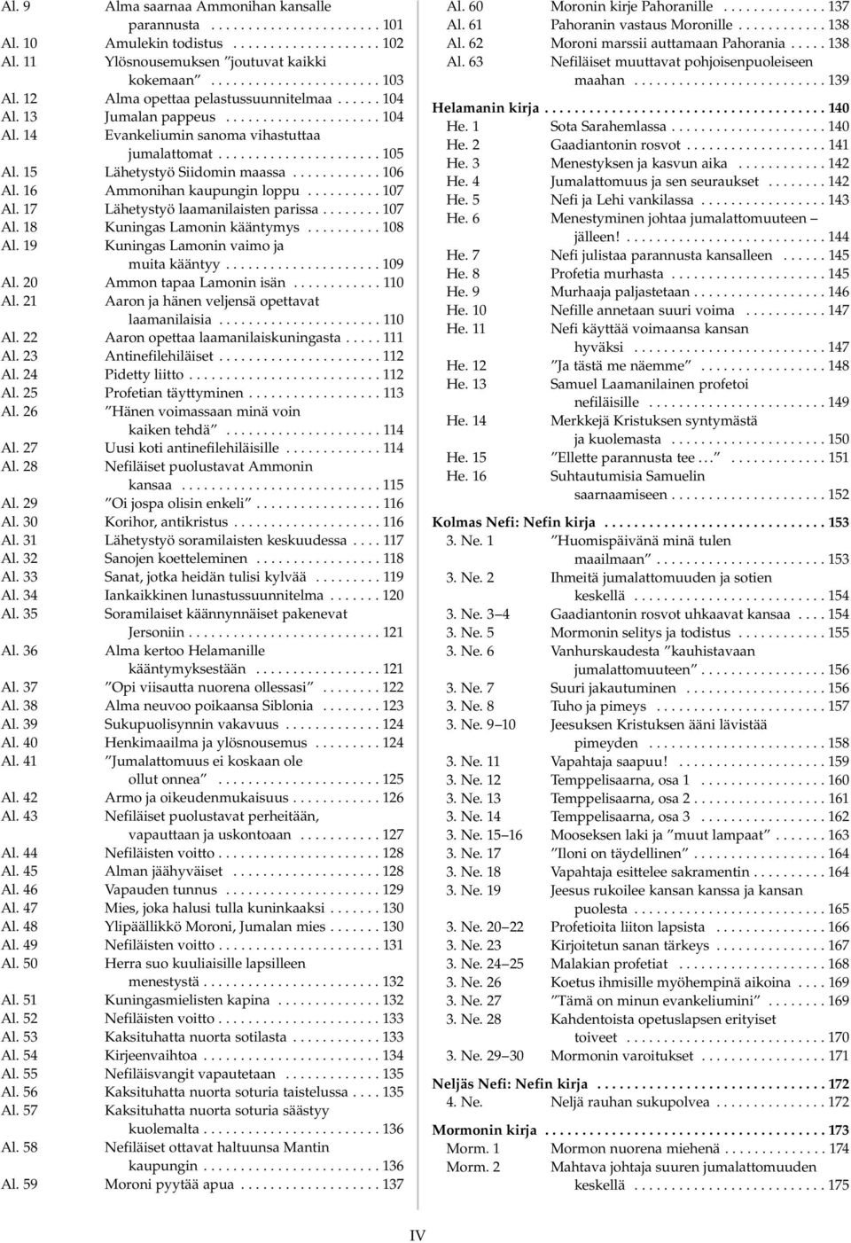 15 Lähetystyö Siidomin maassa............ 106 Al. 16 Ammonihan kaupungin loppu.......... 107 Al. 17 Lähetystyö laamanilaisten parissa........ 107 Al. 18 Kuningas Lamonin kääntymys.......... 108 Al.