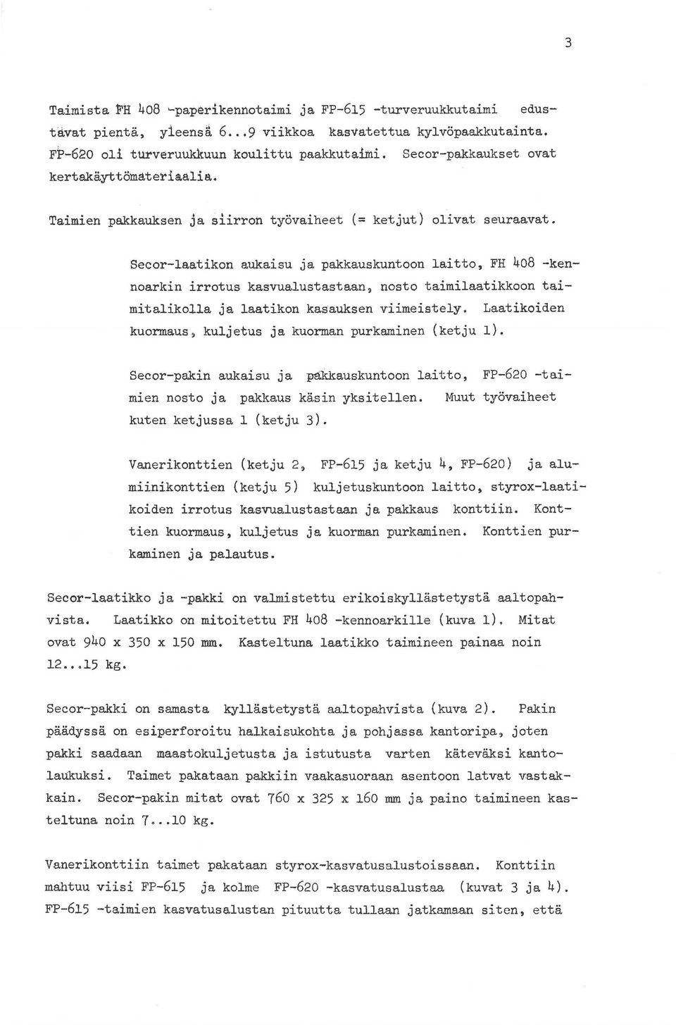 Secor-laatikon aukaisu ja pakkauskuntoon laitto, FH 408 -kennoarkin irrotus kasvualustastaan~ nosto taimilaatikkoon taimitalikolla ja laatikon kasauksen viimeistely.