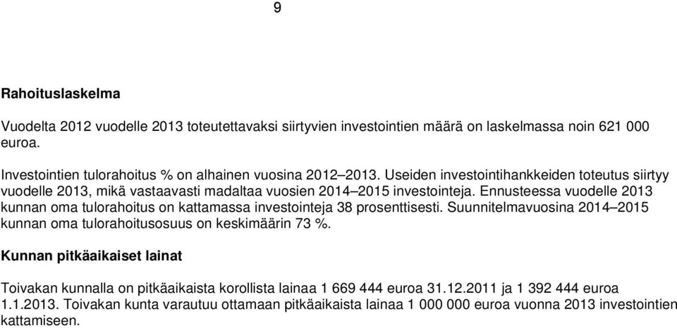 Ennusteessa vuodelle 2013 kunnan oma tulorahoitus on kattamassa investointeja 38 prosenttisesti. Suunnitelmavuosina 2014 2015 kunnan oma tulorahoitusosuus on keskimäärin 73 %.