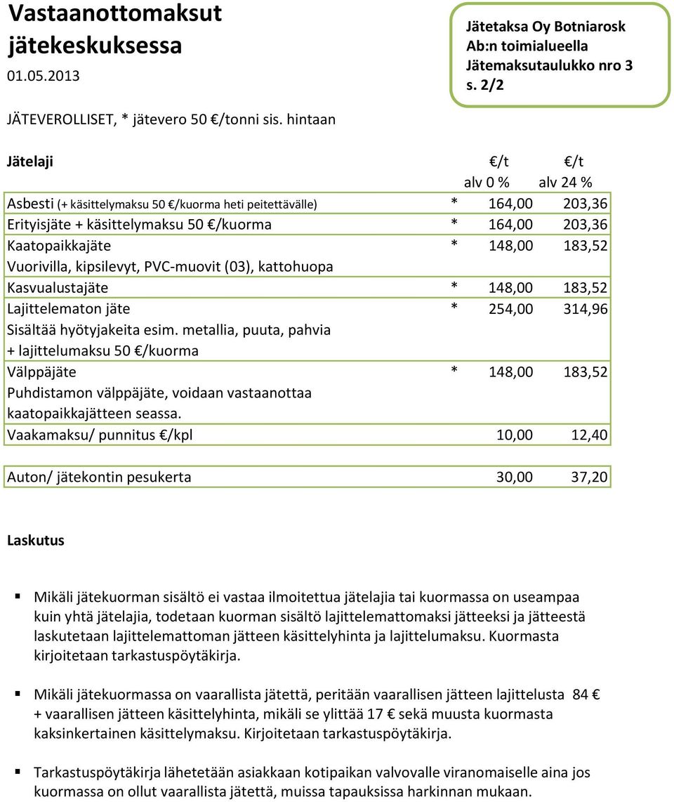 kipsilevyt, PVC-muovit (03), kattohuopa * 148,00 183,52 Kasvualustajäte * 148,00 183,52 Lajittelematon jäte Sisältää hyötyjakeita esim.