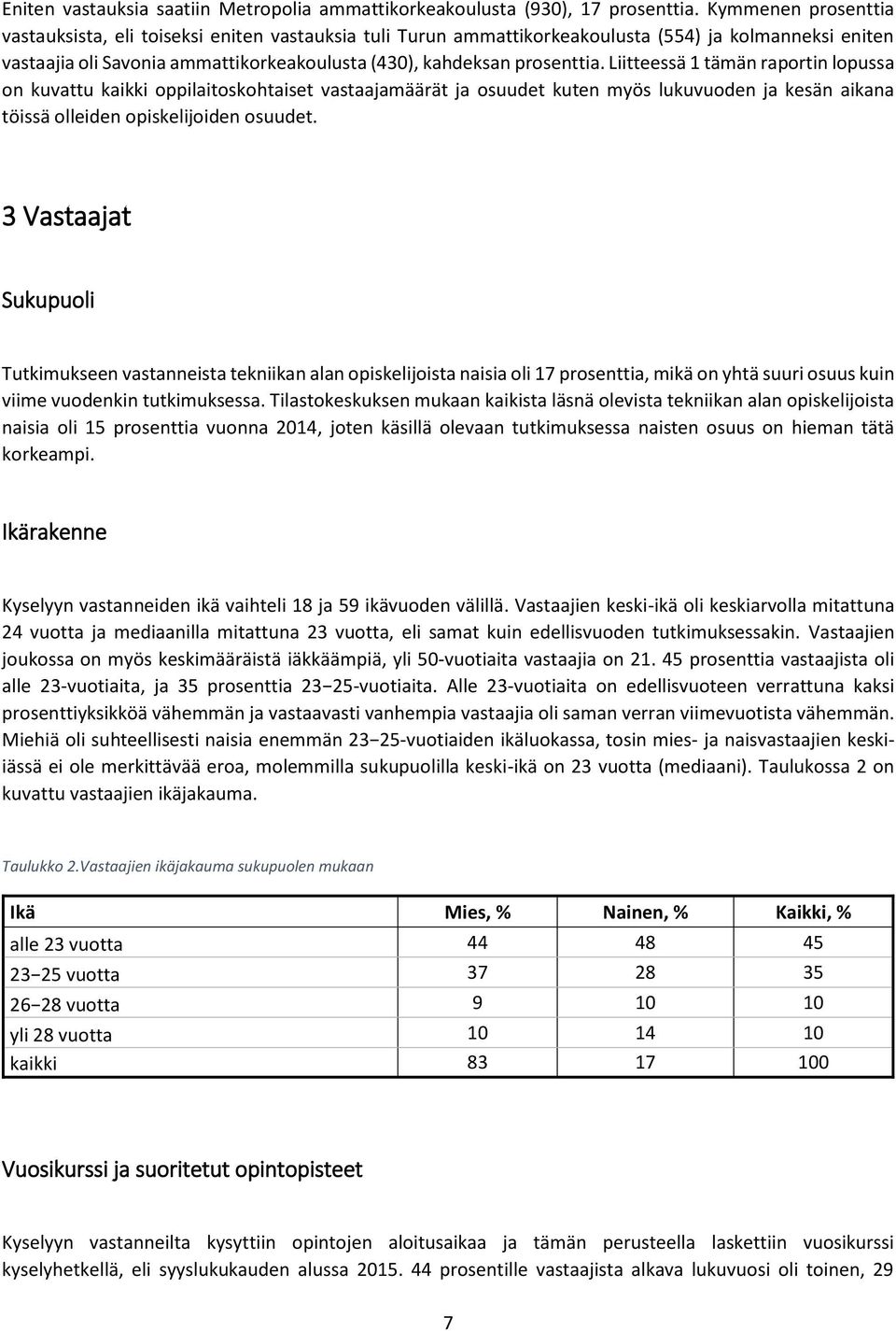 Liitteessä 1 tämän raportin lopussa on kuvattu kaikki oppilaitoskohtaiset vastaajamäärät ja osuudet kuten myös lukuvuoden ja kesän aikana töissä olleiden opiskelijoiden osuudet.