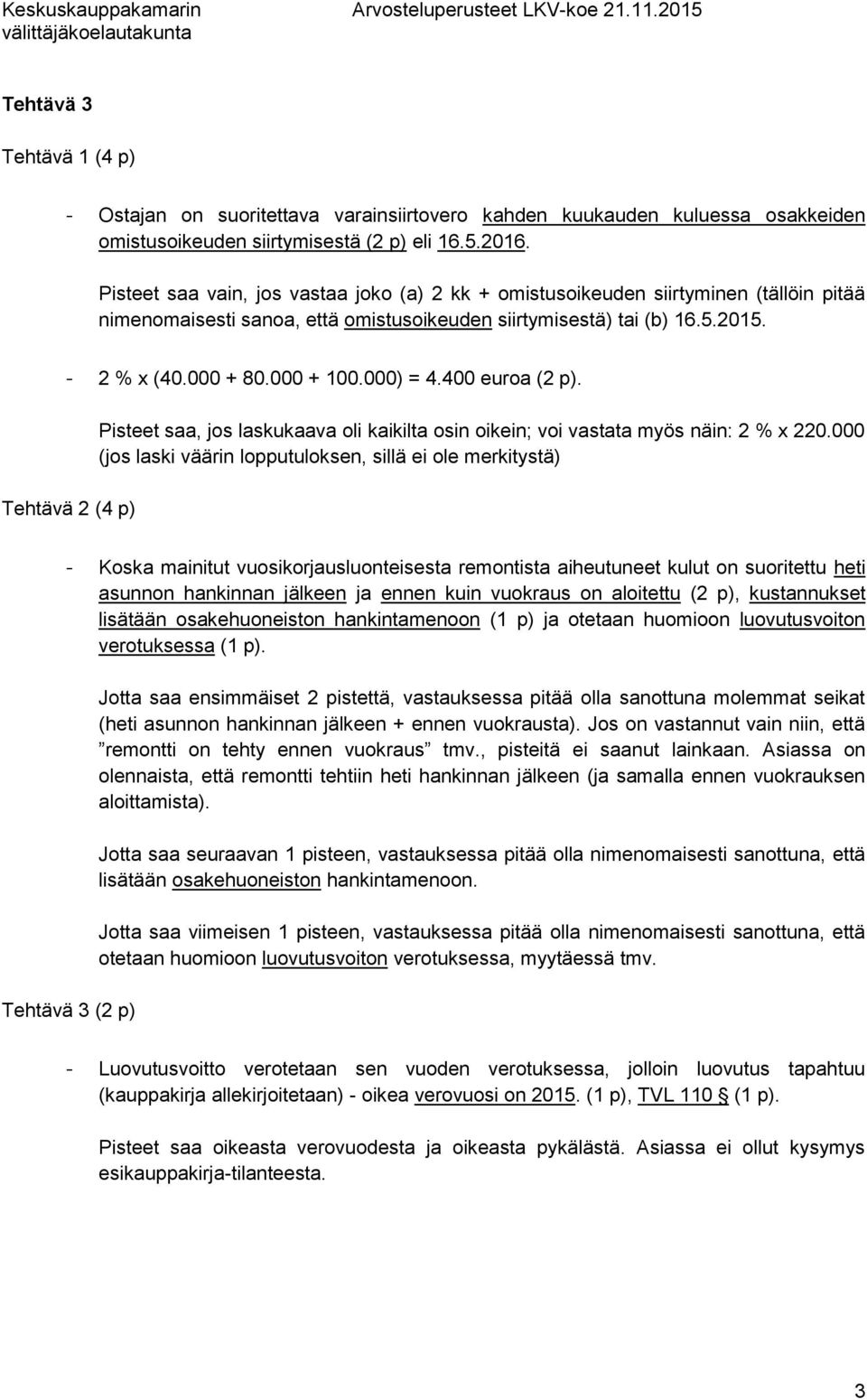000) = 4.400 euroa (2 p). Tehtävä 2 (4 p) Pisteet saa, jos laskukaava oli kaikilta osin oikein; voi vastata myös näin: 2 % x 220.