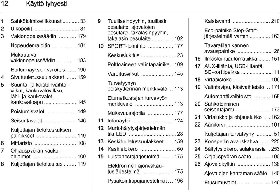 .. 146 Kuljettajan tietokeskuksen painikkeet... 119 6 Mittaristo... 108 7 Ohjauspyörän kaukoohjaimet... 100 8 Kuljettajan tietokeskus.