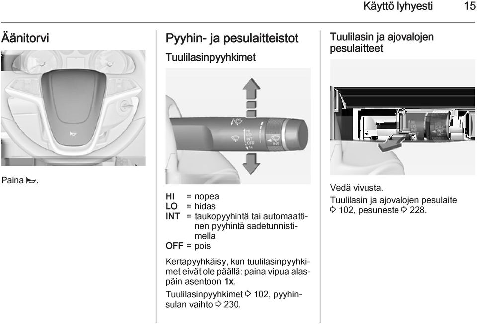 HI = nopea LO = hidas INT = taukopyyhintä tai automaattinen pyyhintä sadetunnistimella OFF = pois