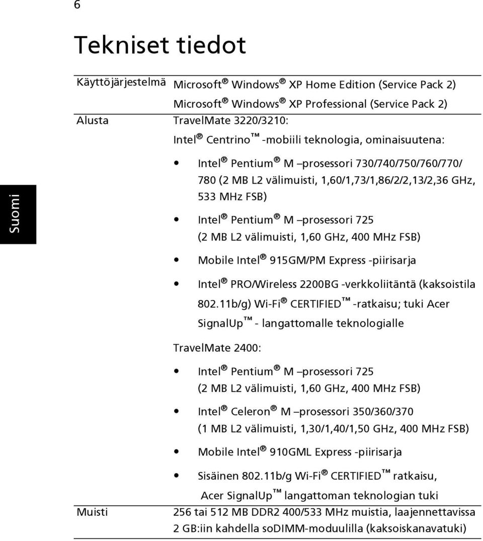 1,60 GHz, 400 MHz FSB) Mobile Intel 915GM/PM Express -piirisarja Intel PRO/Wireless 2200BG -verkkoliitäntä (kaksoistila 802.