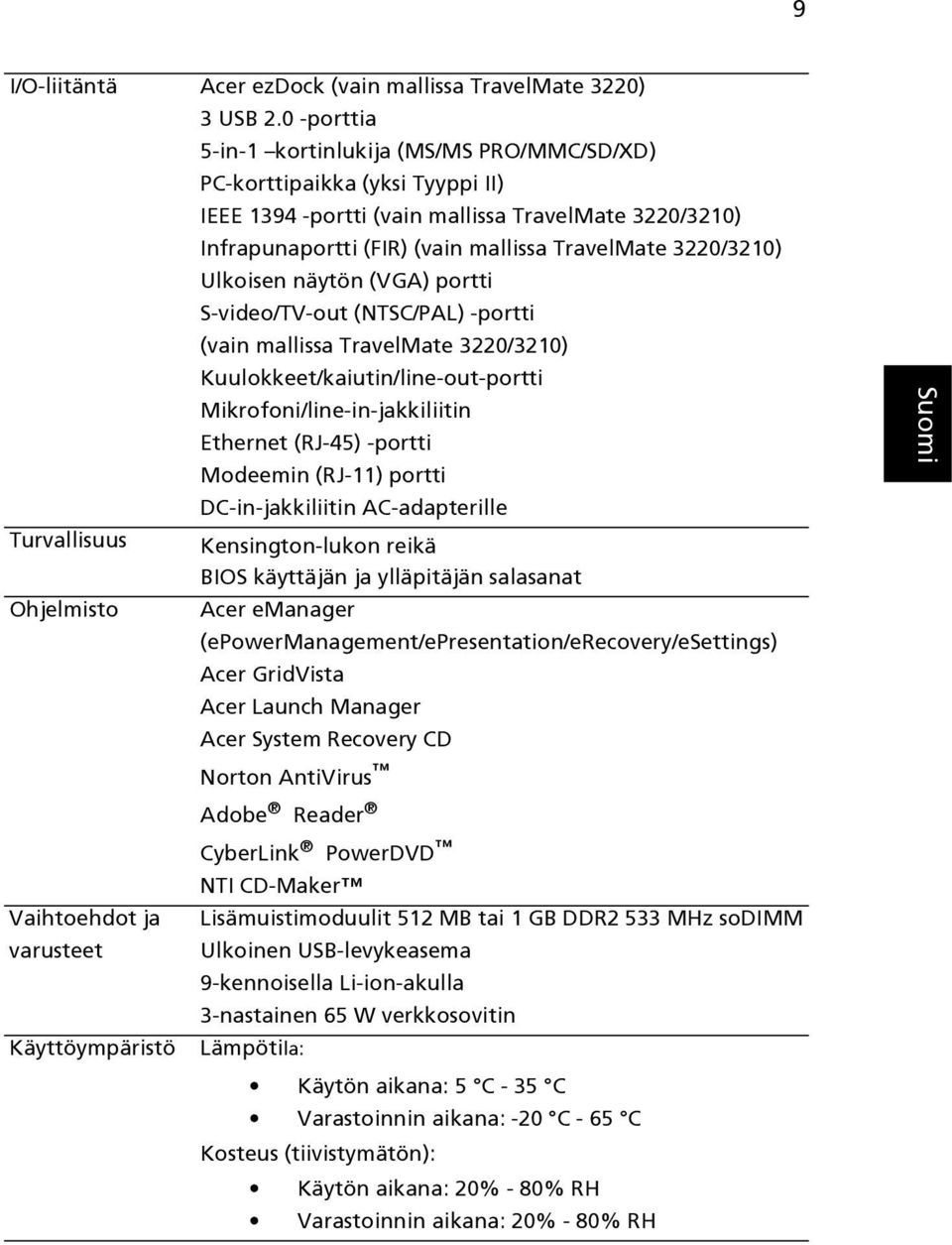 Ulkoisen näytön (VGA) portti S-video/TV-out (NTSC/PAL) -portti (vain mallissa TravelMate 3220/3210) Kuulokkeet/kaiutin/line-out-portti Mikrofoni/line-in-jakkiliitin Ethernet (RJ-45) -portti Modeemin