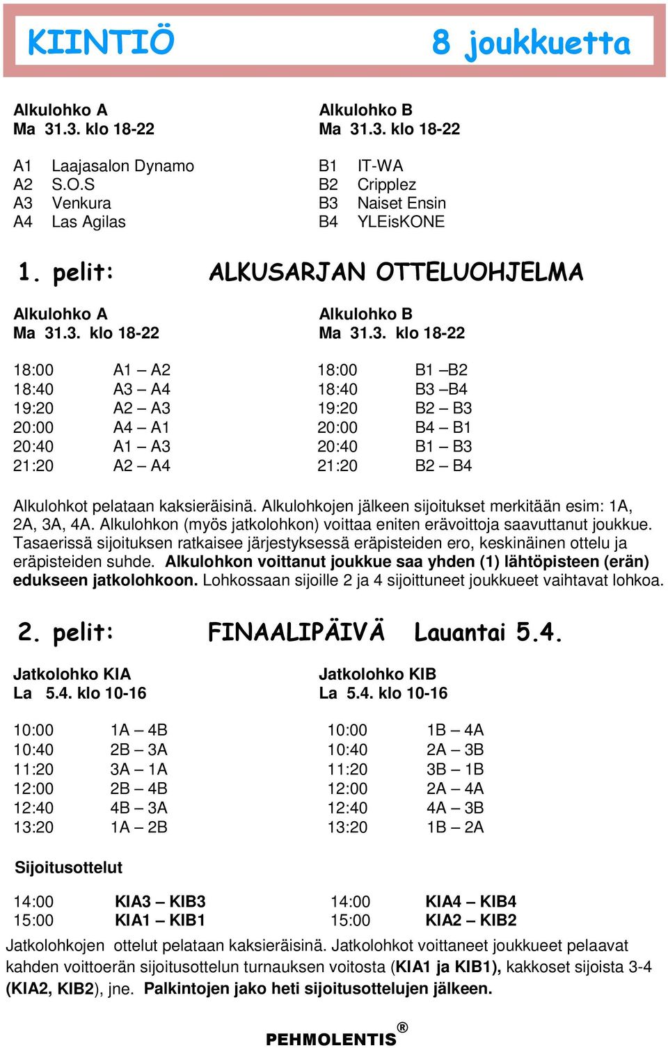 .3. klo 18-22 Ma 31.3. klo 18-22 18:00 A1 A2 18:00 B1 B2 18:40 A3 A4 18:40 B3 B4 19:20 A2 A3 19:20 B2 B3 20:00 A4 A1 20:00 B4 B1 20:40 A1 A3 20:40 B1 B3 21:20 A2 A4 21:20 B2 B4 Alkulohkot pelataan kaksieräisinä.