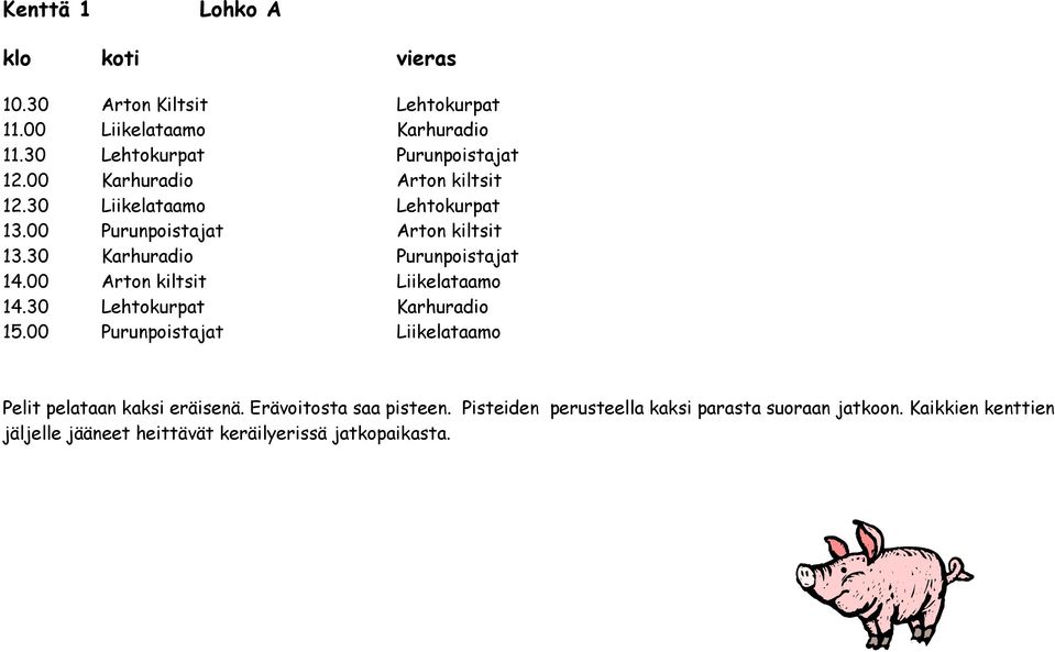 30 Liikelataamo Lehtokurpat 13.00 Purunpoistajat Arton kiltsit 13.