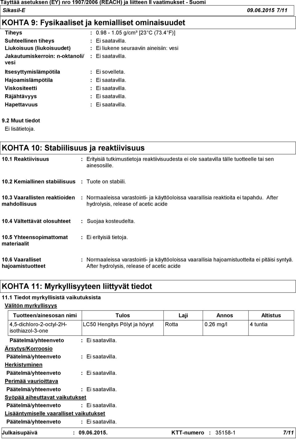 Viskositeetti Räjähtävyys Hapettavuus 0.98-1.05 g/cm³ [23 C (73.4 F)] Ei liukene seuraaviin aineisiin vesi Ei sovelleta. 9.2 Muut tiedot Ei lisätietoja. KOHTA 10 Stabiilisuus ja reaktiivisuus 10.