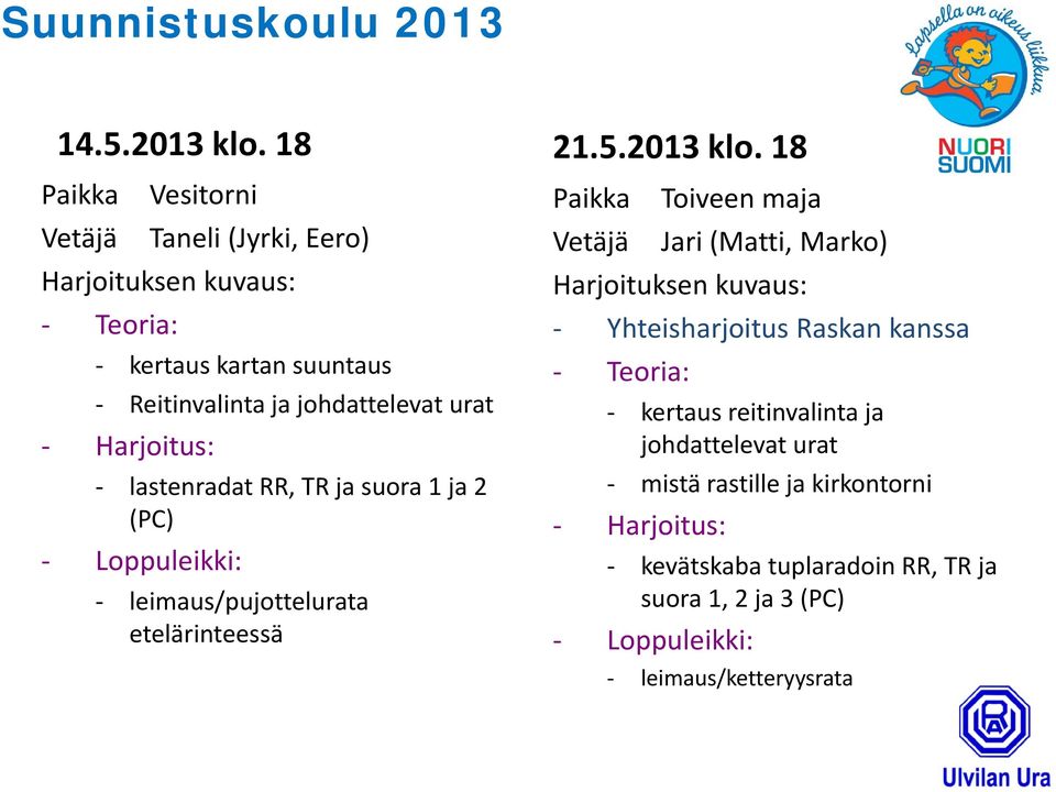 lastenradat RR, TR ja suora 1 ja 2 (PC) leimaus/pujottelurata etelärinteessä 21.5.2013 klo.