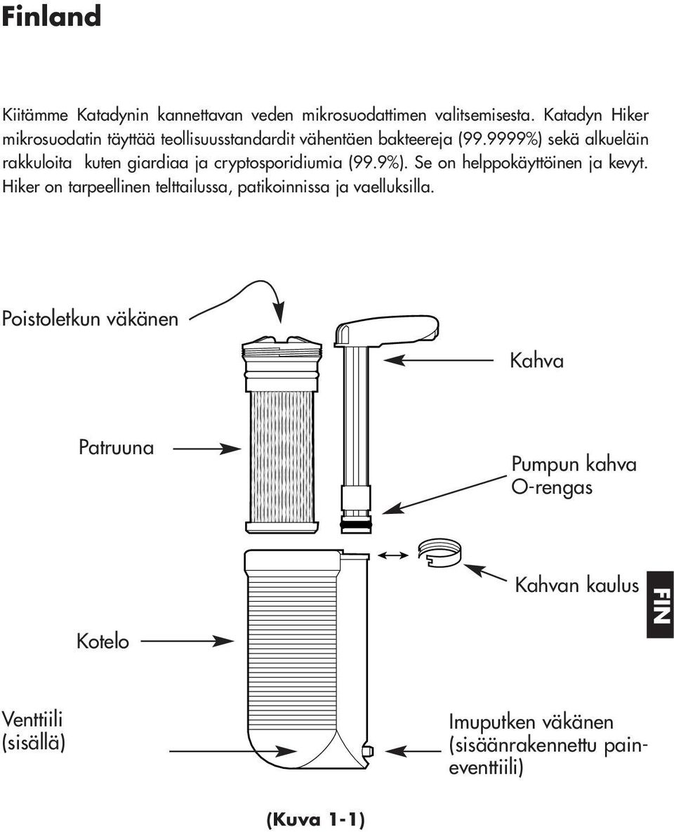 9999%) sekä alkueläin rakkuloita kuten giardiaa ja cryptosporidiumia (99.9%). Se on helppokäyttöinen ja kevyt.