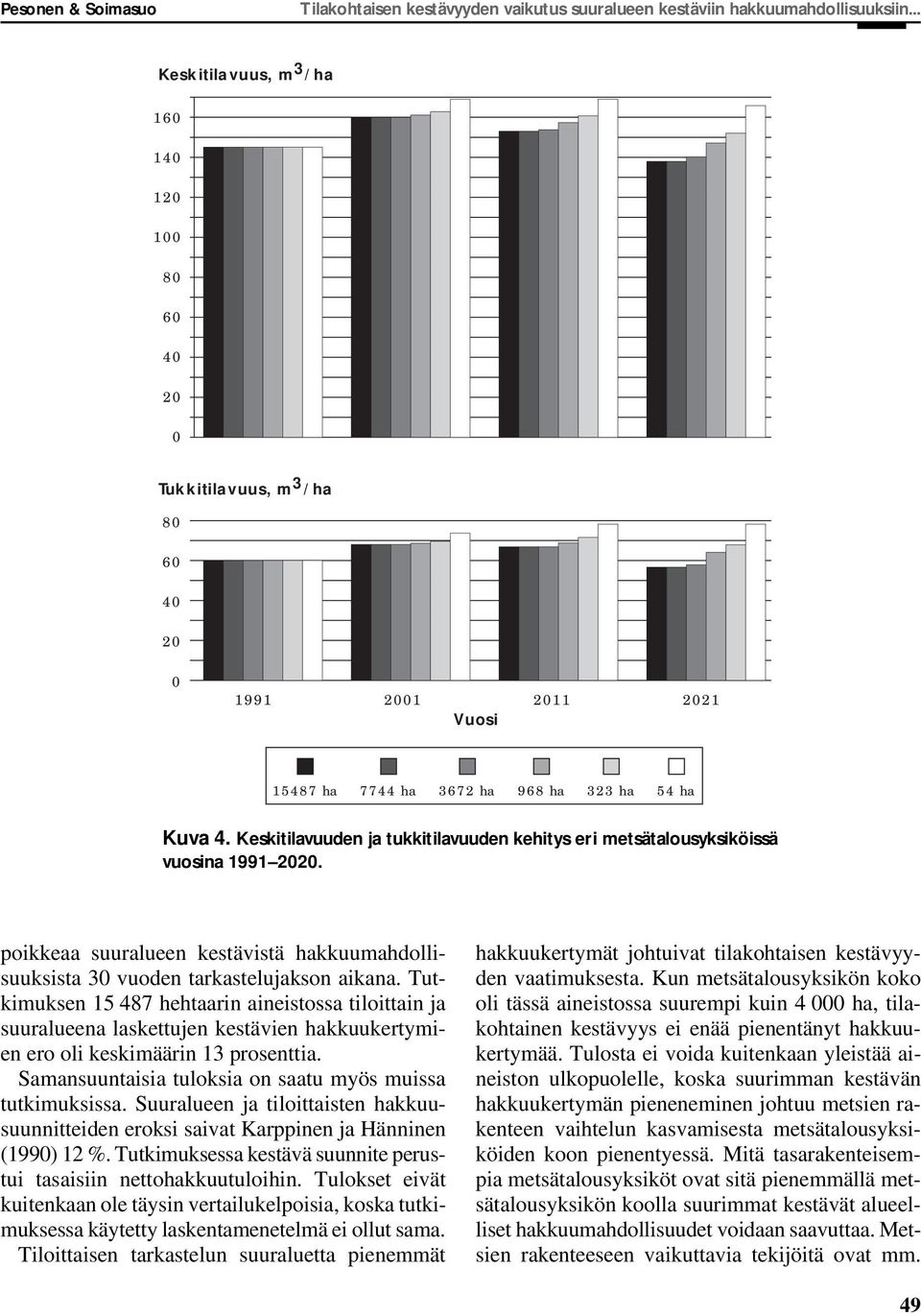 Tutkimuksen 15 487 hehtaarin aineistossa tiloittain ja suuralueena laskettujen kestävien hakkuukertymien ero oli keskimäärin 13 prosenttia. Samansuuntaisia tuloksia on saatu myös muissa tutkimuksissa.