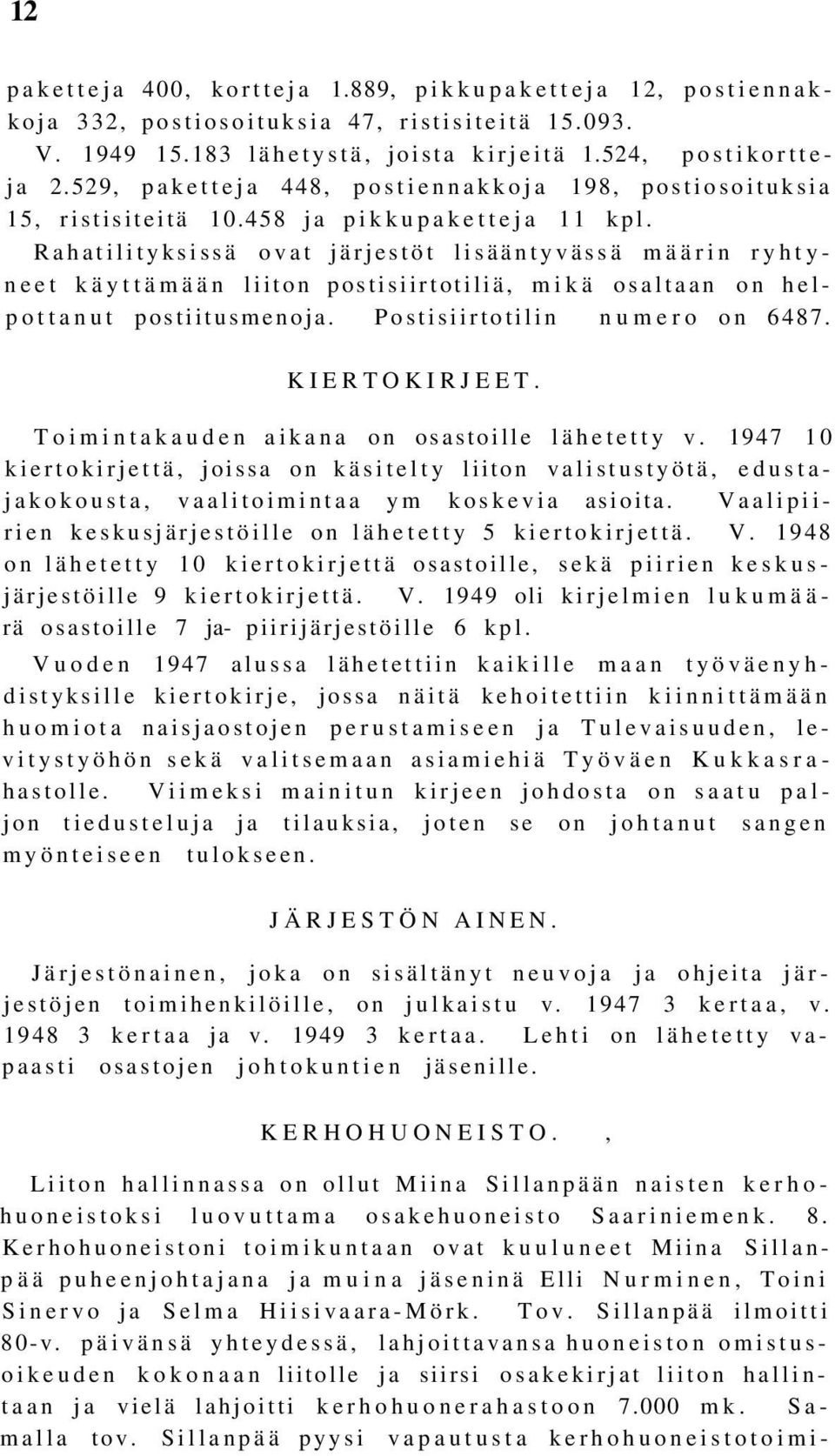 Rahatilityksissä ovat järjestöt lisääntyvässä määrin ryhtyneet käyttämään liiton postisiirtotiliä, mikä osaltaan on helpottanut postiitusmenoja. Postisiirtotilin numero on 6487. KIERTOKIRJEET.