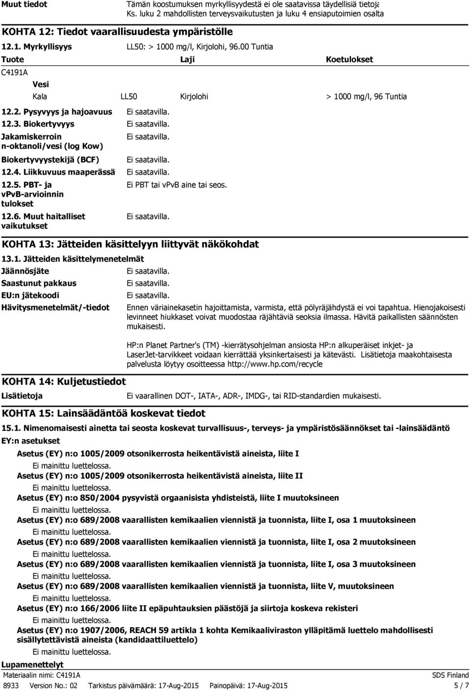 00 Tuntia Tuote Laji Koetulokset C4191A Vesi Kala LL50 Kirjolohi > 1000 mg/l, 96 Tuntia 12.2. Pysyvyys ja hajoavuus 12.3.