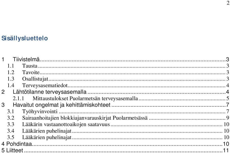 .. 5 3 Havaitut ongelmat ja kehittämiskohteet... 7 3.1 Työhyvinvointi... 7 3.2 Sairaanhoitajien blokkiajanvarauskirjat Puolarmetsässä.