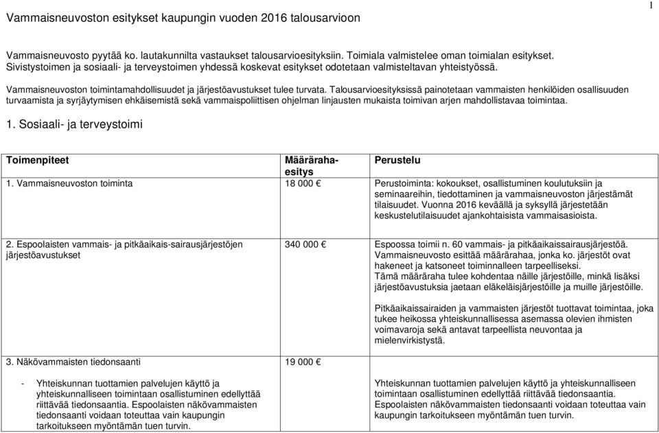 Talousarvioesityksissä painotetaan vammaisten henkilöiden osallisuuden turvaamista ja syrjäytymisen ehkäisemistä sekä vammaispoliittisen ohjelman linjausten mukaista toimivan arjen mahdollistavaa