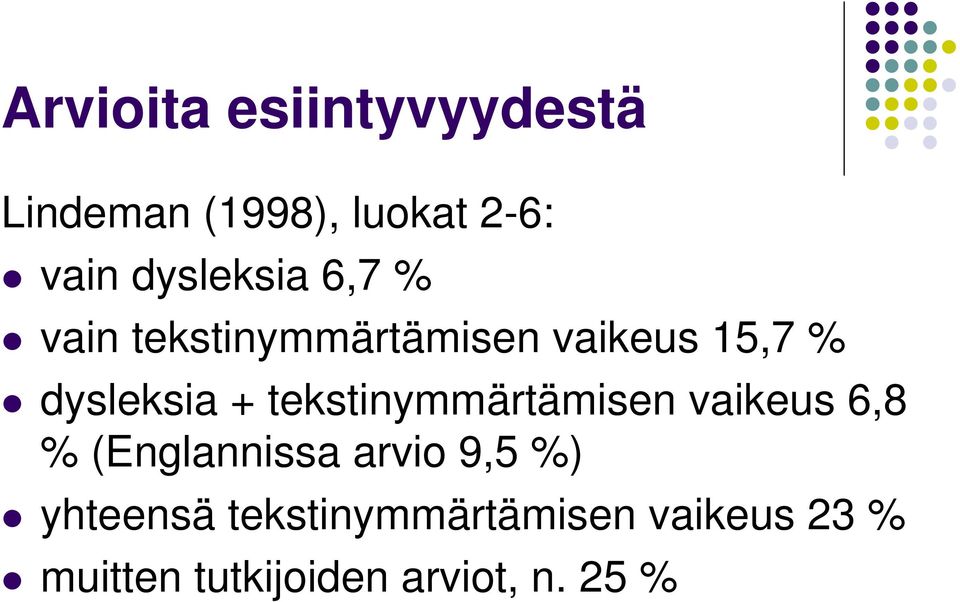 + tekstinymmärtämisen vaikeus 6,8 % (Englannissa arvio 9,5 %)