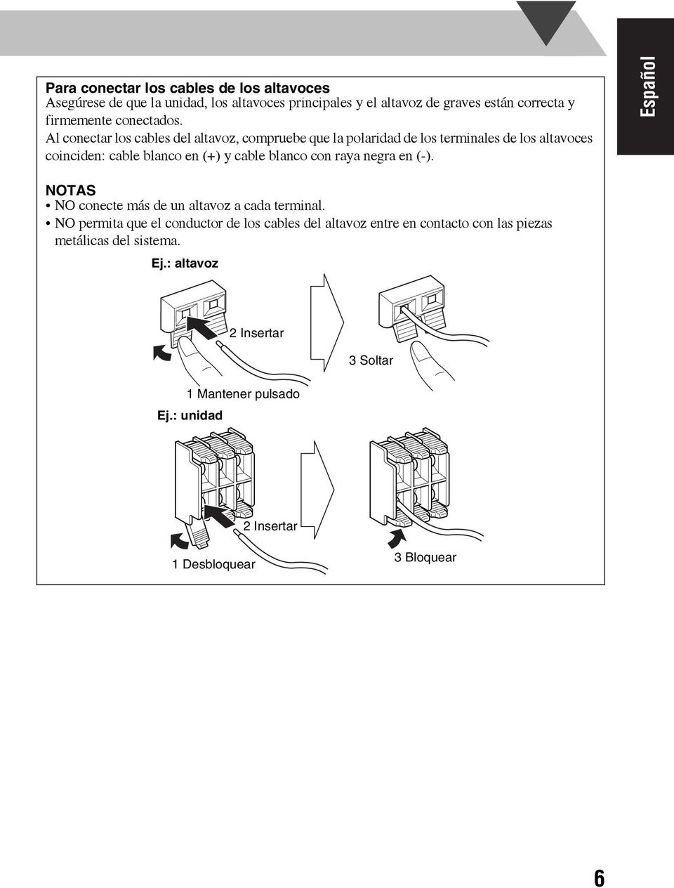 Al conectar los cables del altavoz, compruebe que la polaridad de los terminales de los altavoces coinciden: cable blanco en (+) y cable blanco con raya