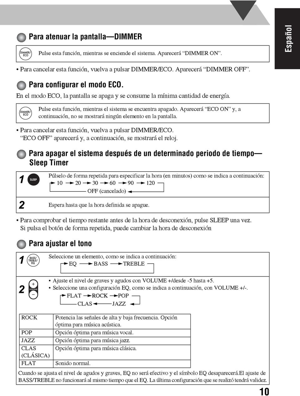 Aparecerá ECO ON y, a continuación, no se mostrará ningún elemento en la pantalla. Para cancelar esta función, vuelva a pulsar DIMMER/ECO. ECO OFF aparecerá y, a continuación, se mostrará el reloj.