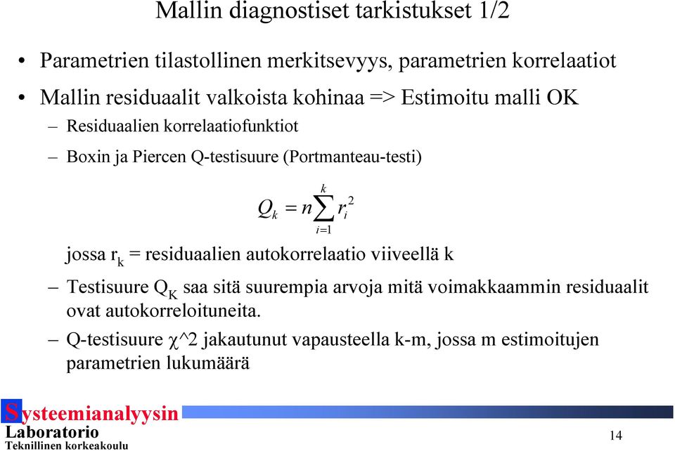 k = n r i i= 1 jossa r k = residuaalien auokorrelaaio viiveellä k Tesisuure Q K saa siä suurempia arvoja miä