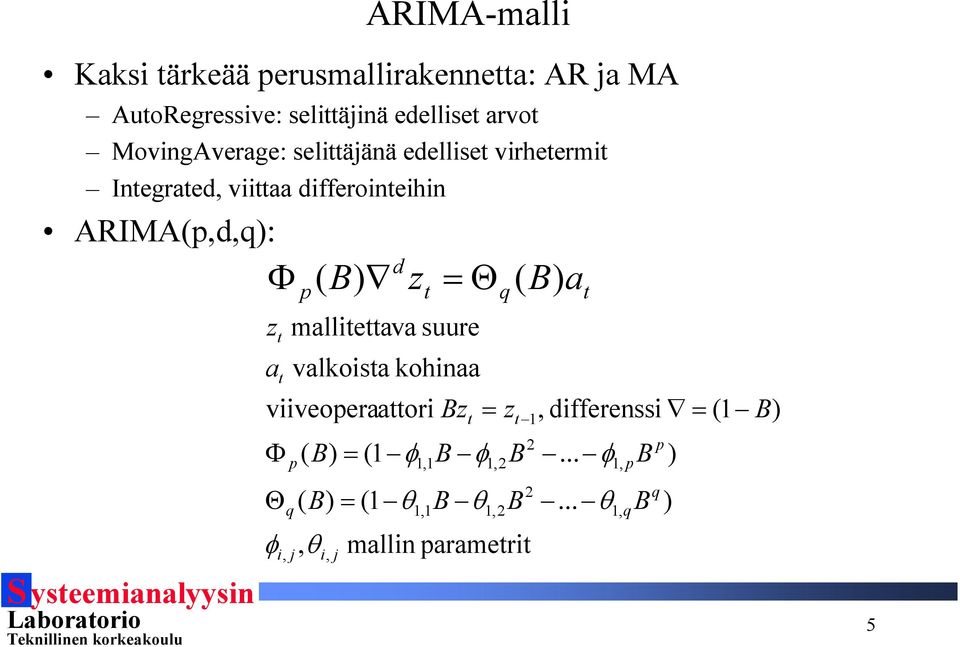 d ) z = q ( ) mallieava suure valkoisa kohinaa viiveoperaaori Φ Θ φ p q i, j ( ) = (1 φ φ ( ) = (1